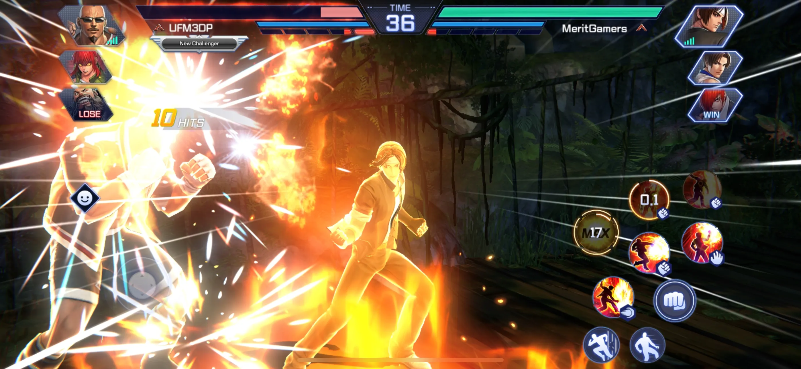 One of the fighters uses its ultimate power to defeat the opponent's fighter. The fighter's name is Kyo Kusanagi. Each fighter in the game has a unique ultimate skill