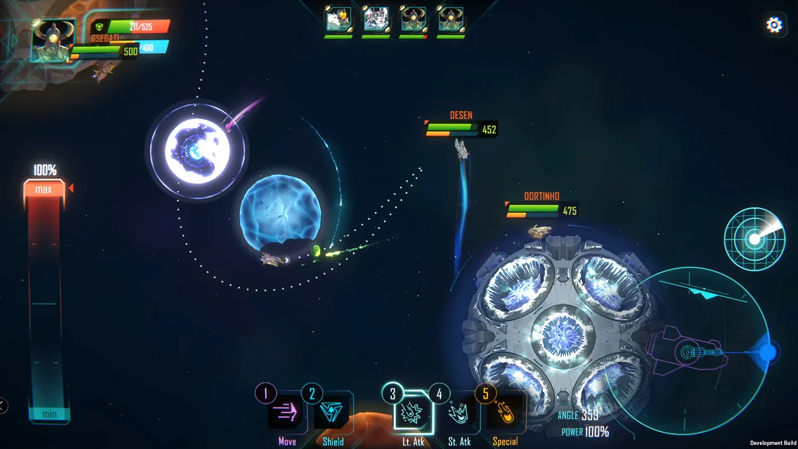 The image shows the gameplay of Space Mavericks, with commanders in their spaceships aiming and fighting against each other to be the last one standing.