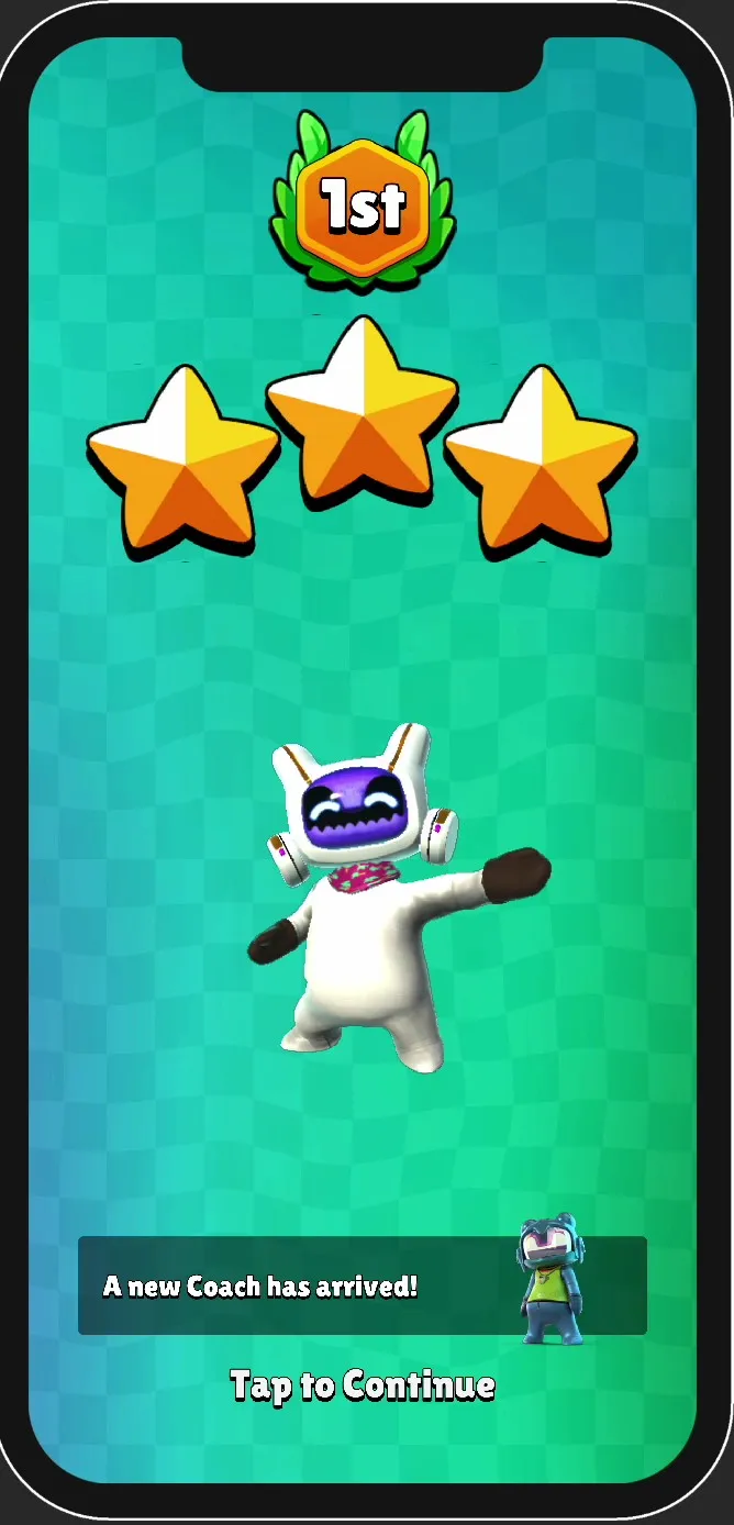 The white hero finished the race with 3 stars and 1st place in AFAR Rush. The player gains access to a new playable hero in the game. You can now  play again by tapping the screen