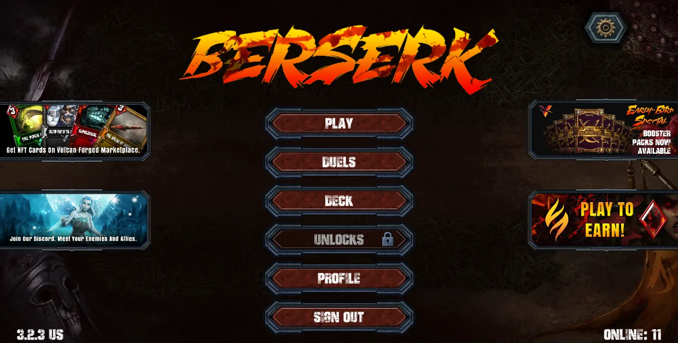 On the Berserk's home screen, you can see several options such as the play, duel, and deck tabs. You can also see the online players in the game at the bottom.
