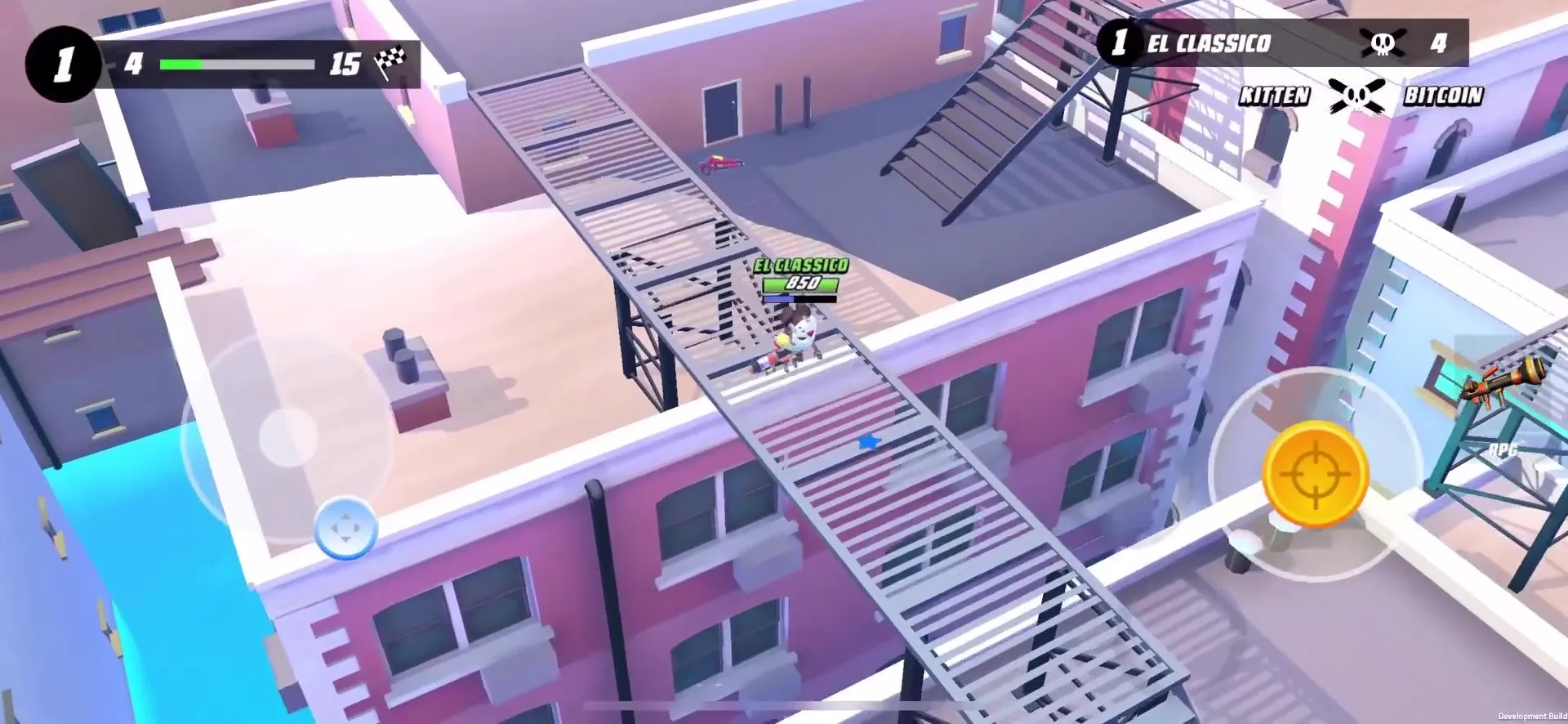 Blast Royale game screen shows a character crossing a roof bridge.The top right shows the number of kills, while the controls are at the bottom left and right of the screen.