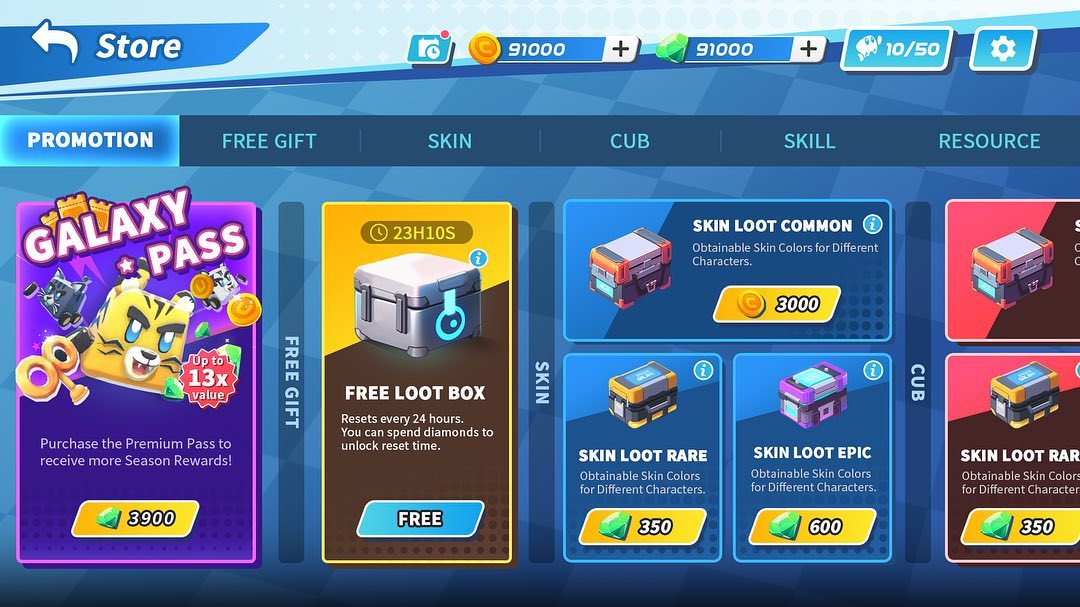 In the in-game store, players have the opportunity to purchase a variety of items, including the Galaxy Pass, skin chests, cubs, skills, and other valuable in-game resources.