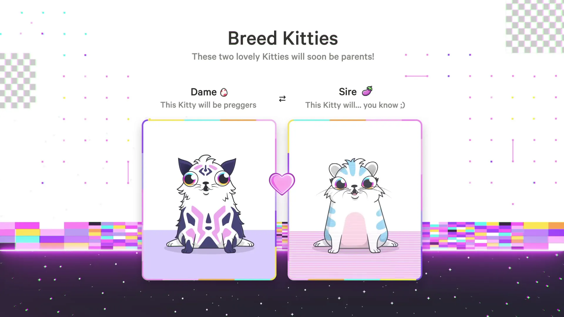 This photo from CryptoKitties illustrates the breeding process within the game, which enables the production of a new kitty in the metaverse.