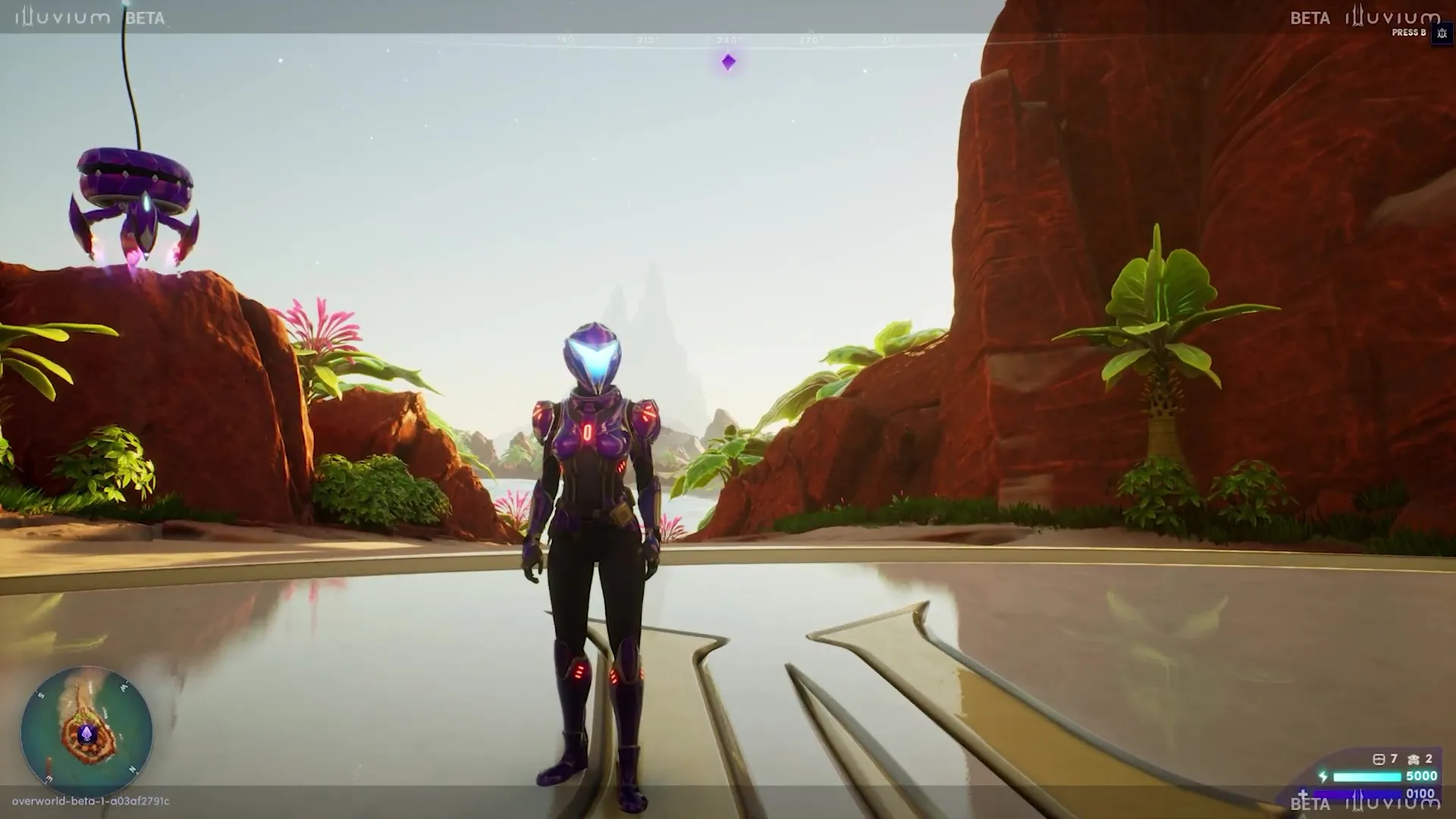 In the game, players control a character to explore the hostile planet of Illuvium Overworld. The image shows your character alongside a drone, which will help your game progress