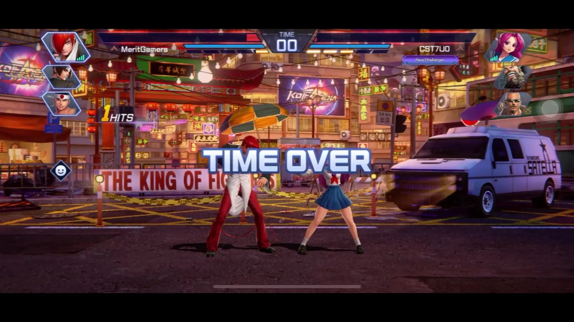 In KOF Arena, each round lasts 60 seconds. If both players are still alive after 60 seconds, the round is won by the player with the most health remaining.
