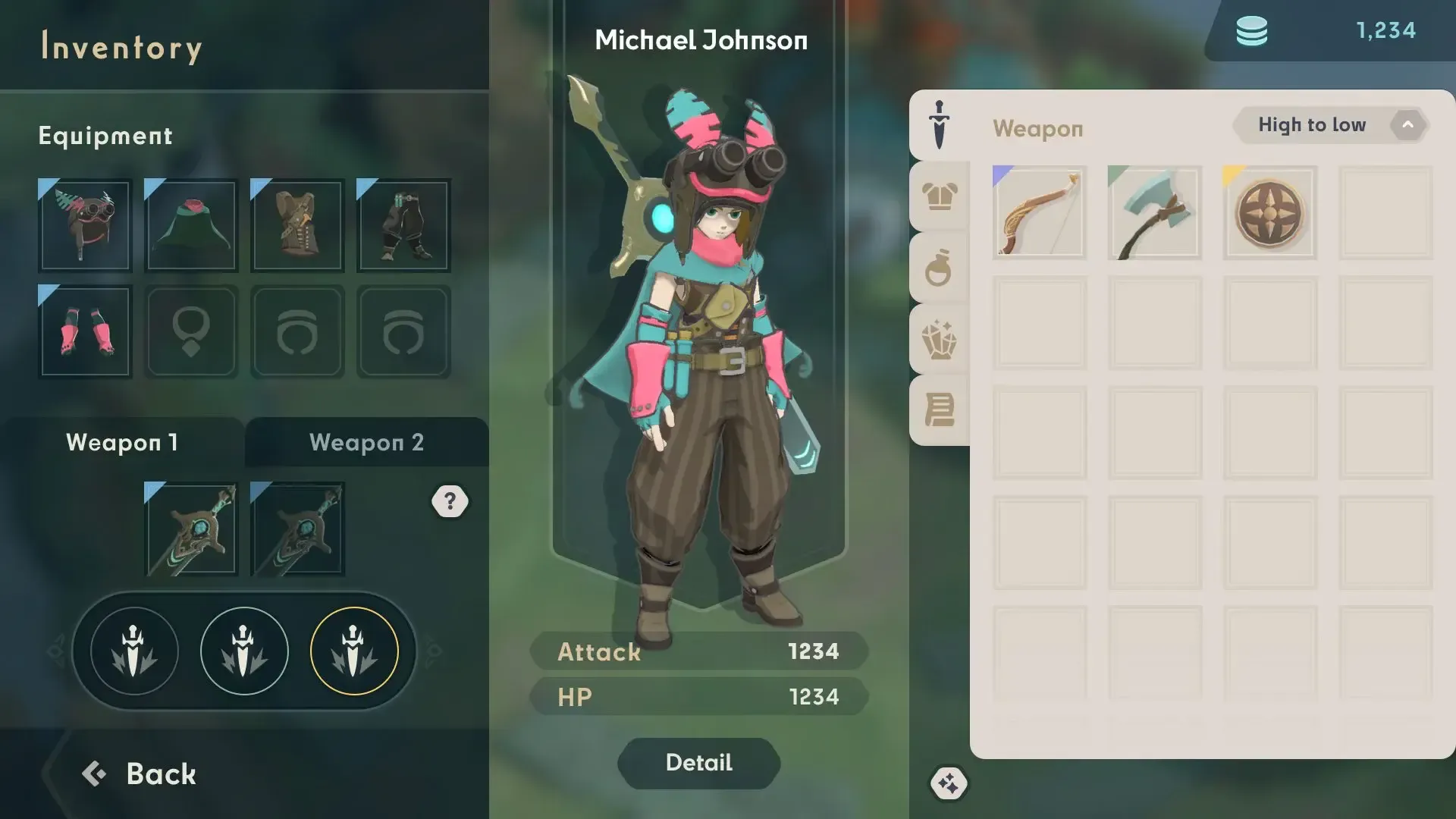 Treeverse Inventory shows all the weapons and armors, along with accessories and items collected in the game. You can also view your attack power and HP in this tab