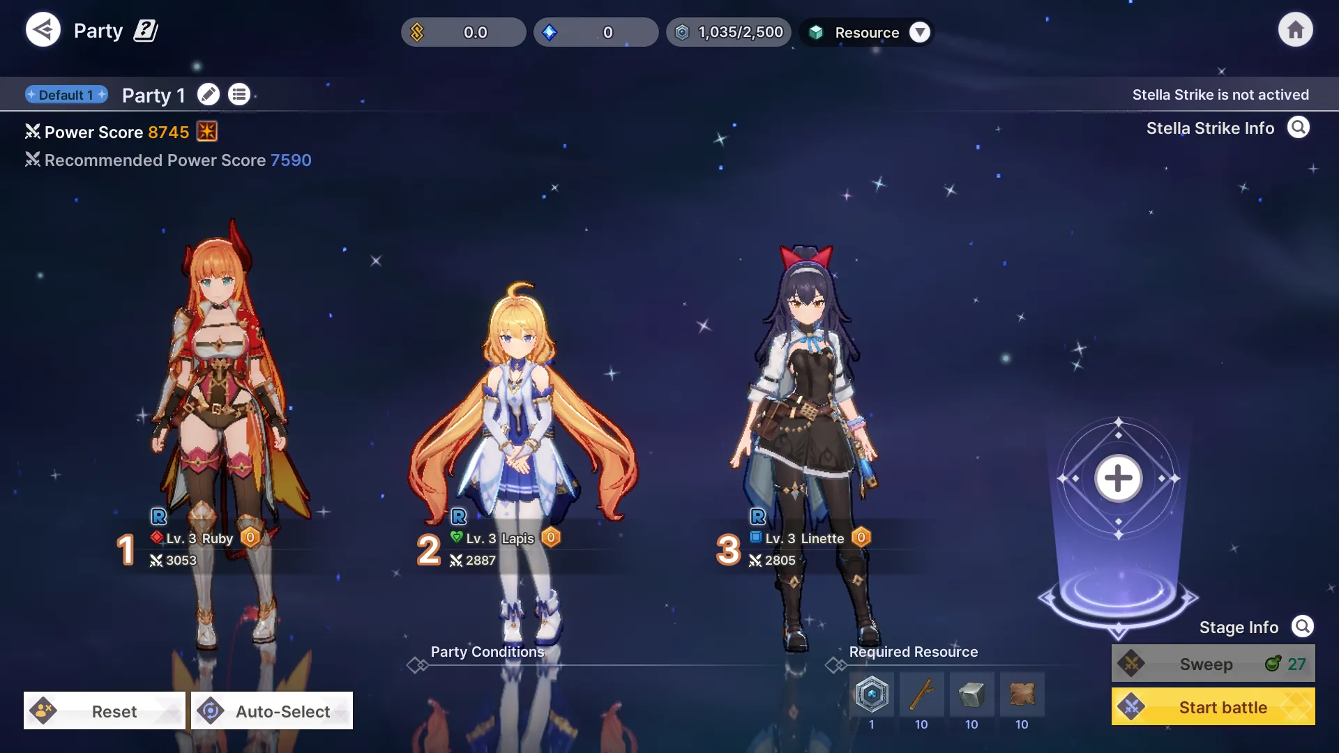 To clear dungeons, you can use up to four playable characters. Each stage recommends a power source to complete it, and you can view your current power score in this tab.