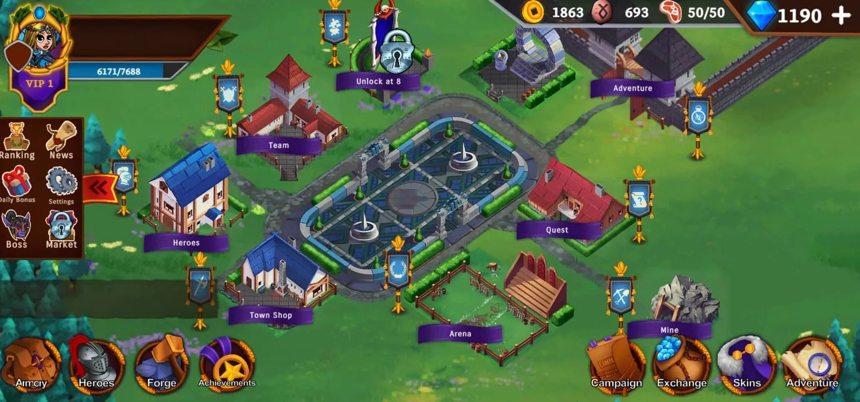 The homescreen of Forest Knight showcases a variety of buildings with distinct functions, along with other buttons that players can explore.