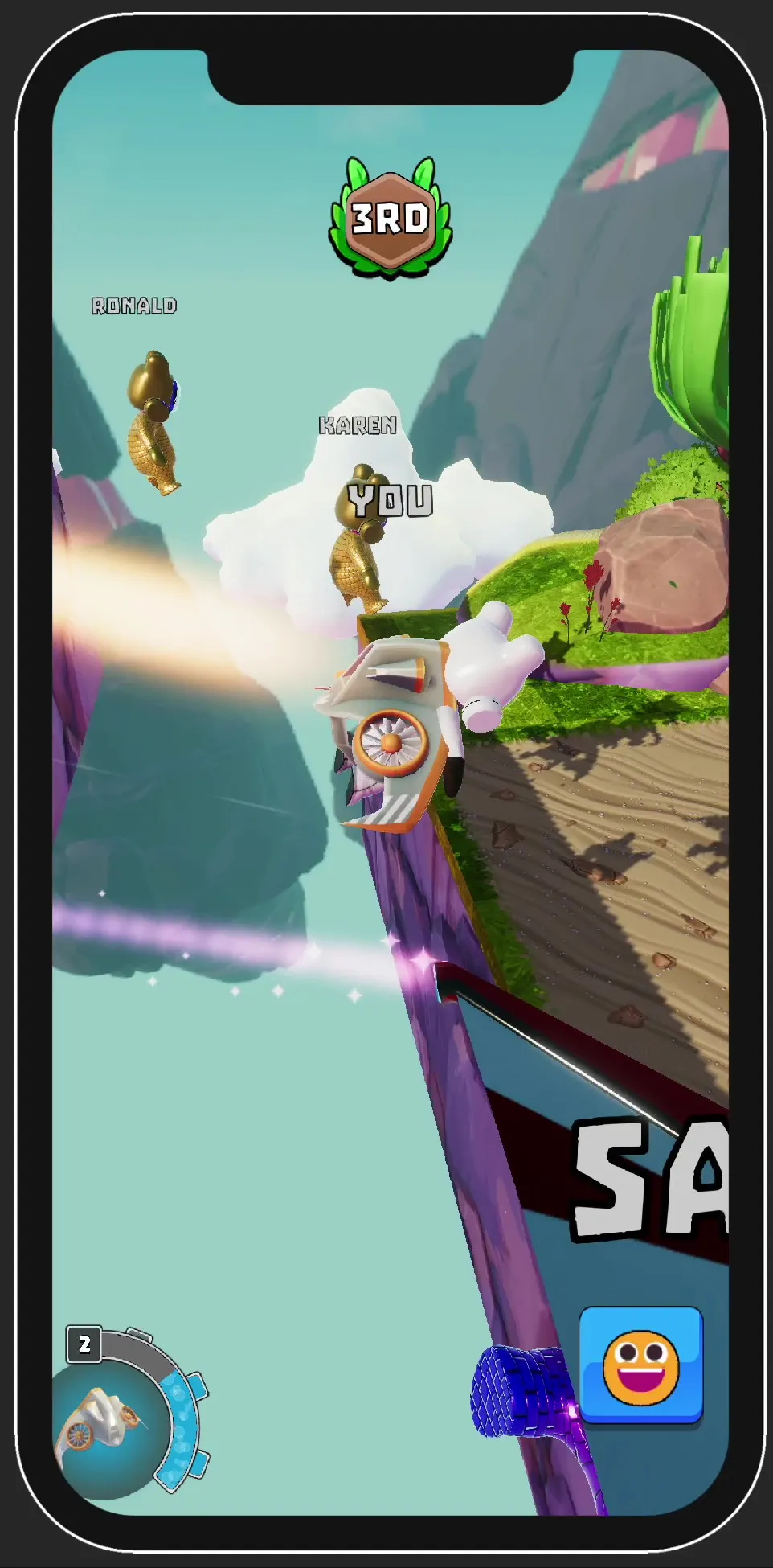 Other players simply jump to the next terrain in AFAR Rush, while the white hero uses the wingsuit gear to fly and gain an advantage in the race over the others