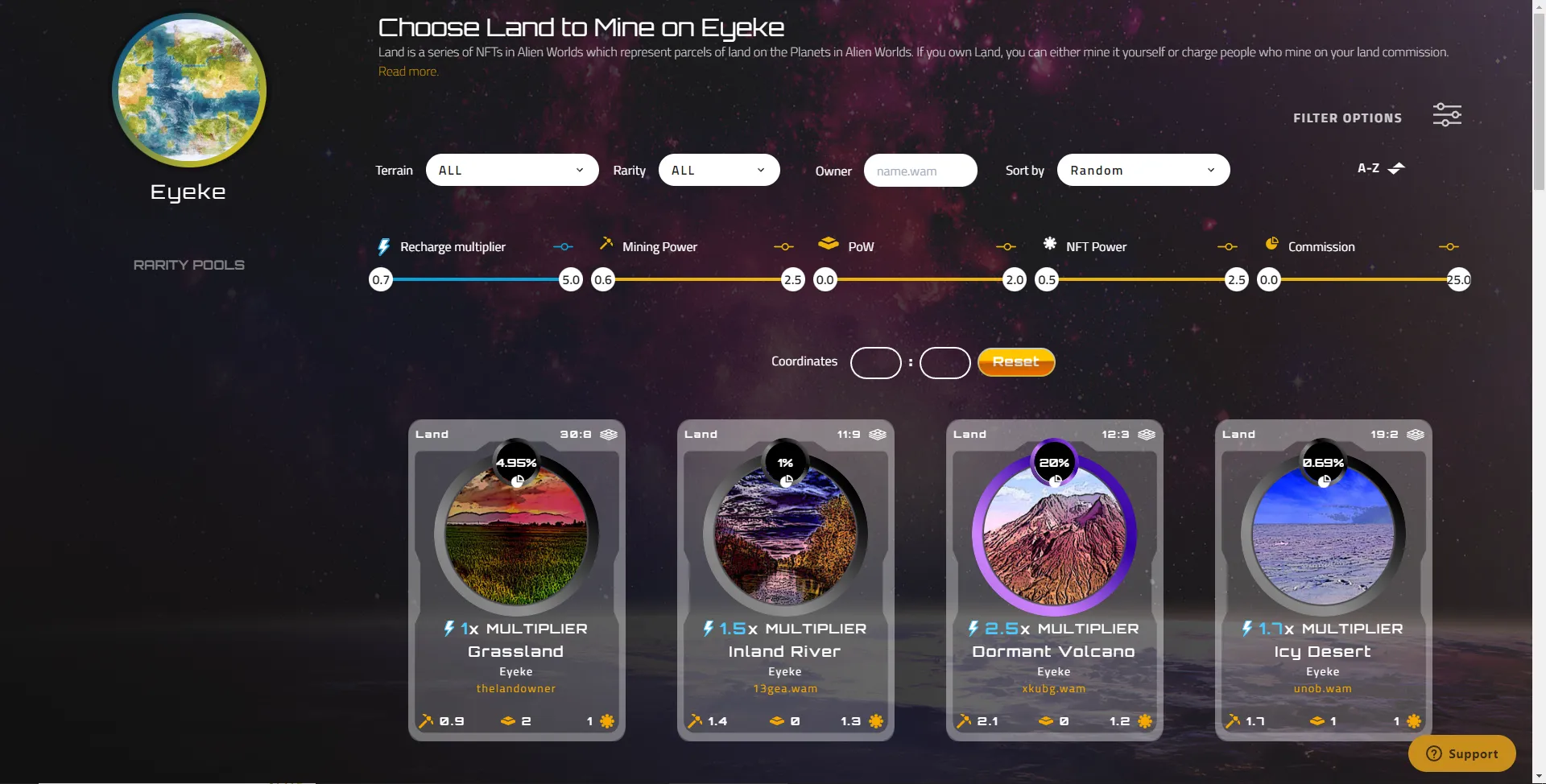 After selecting a planet in Alien Worlds, players can then choose from multiple lands available on that planet to start their mining adventure.