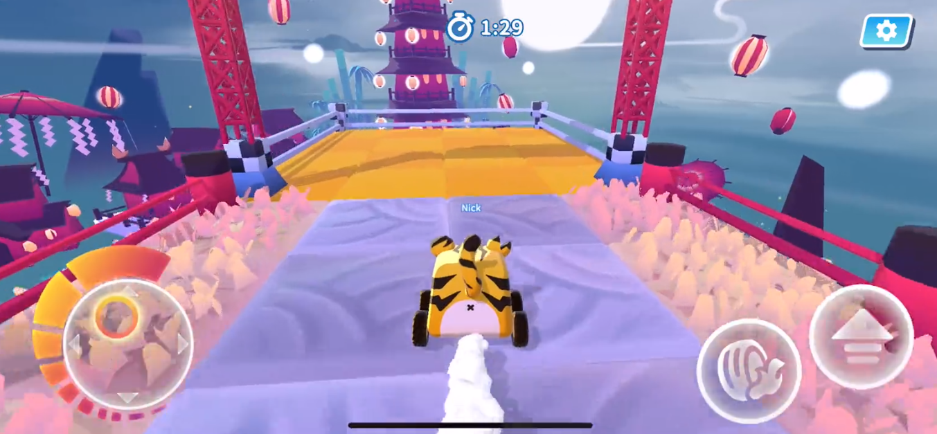 Players compete in a racing game on a custom map created by players. They need to reach the finish line to win the game. There are different obstacles on the track that players need to overcome.