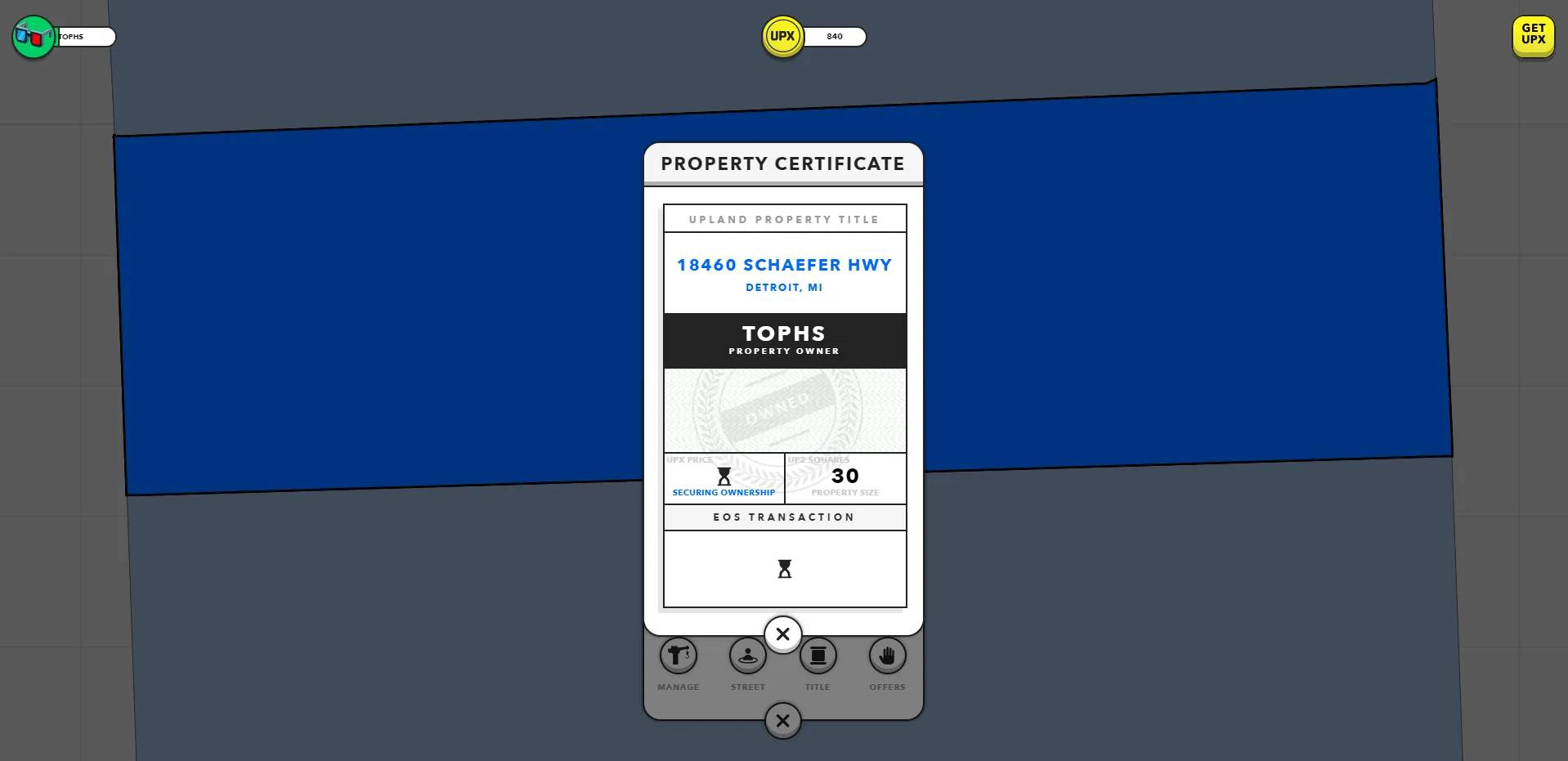 After buying a property in Upland, players receive a blockchain-certified property certificate, thereby formally certifying their ownership of the property.