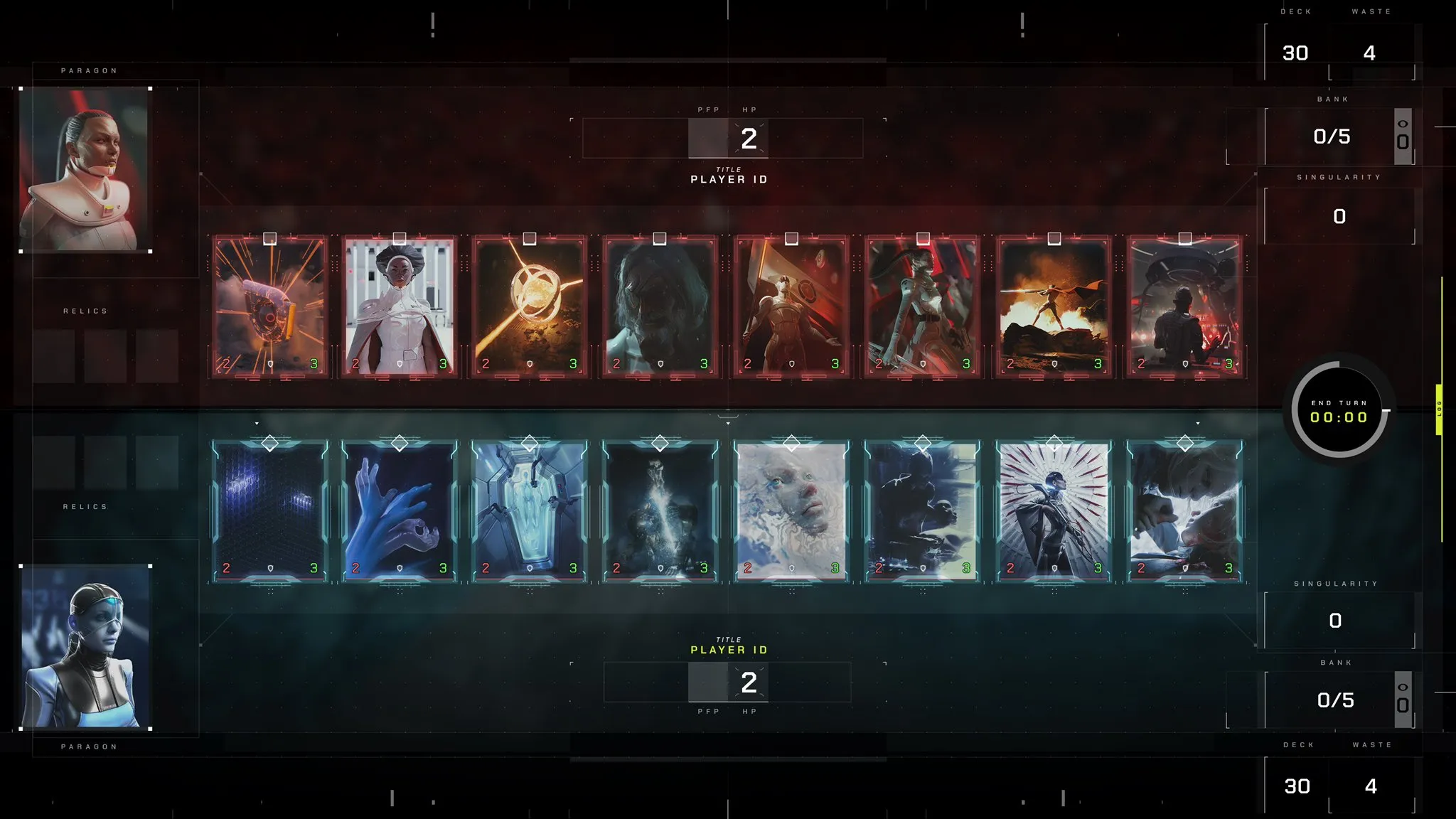This is a screenshot of the Parallel game interface, displaying the card decks of competing players engaged in fierce battles to emerge victorious.