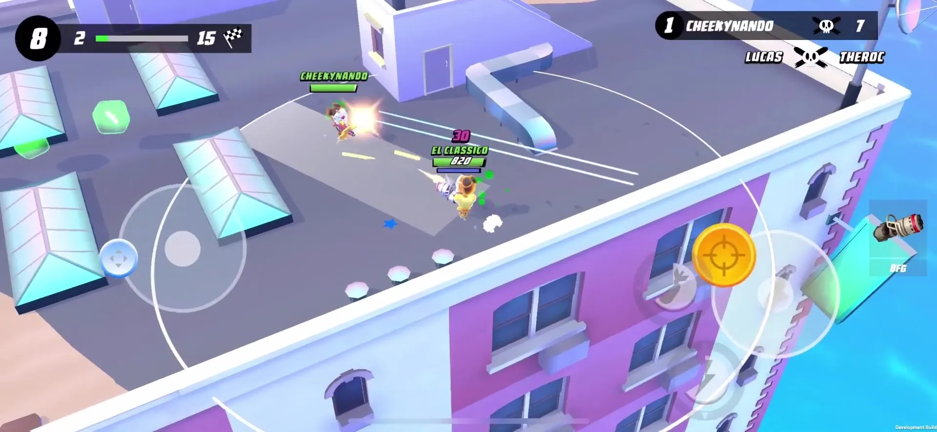 Blast Royale game screen showing characters battling it out at the top of a building. On the screen, the number of kills, character's health, and controls are shown.