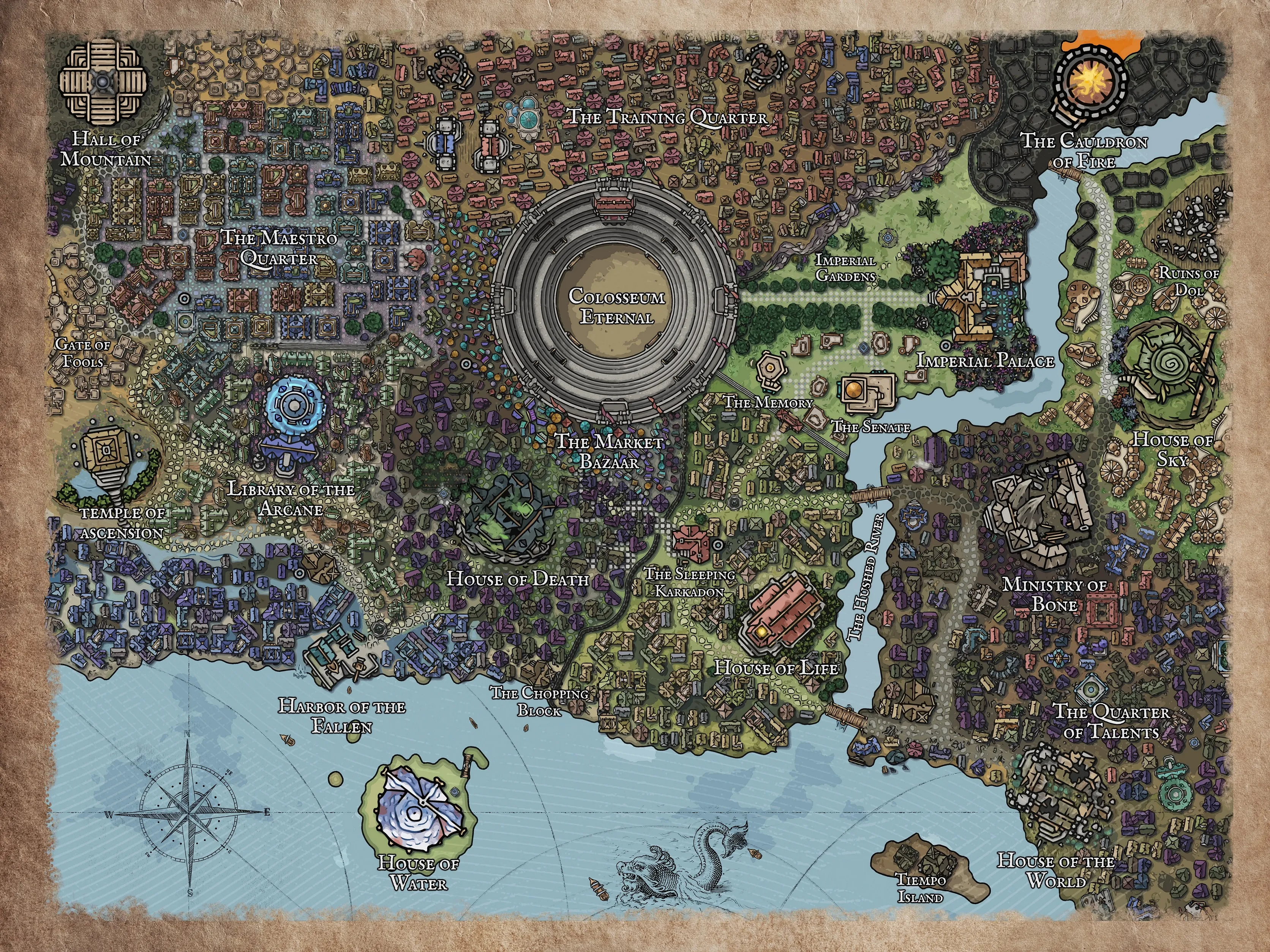 The image from Champions Ascension shows a map of a massive fantasy world called Massina, filled with bustling cities, wide wilderness, and deadly dungeons.