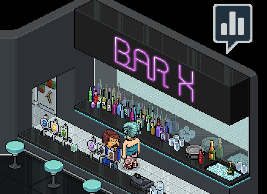 One of the rooms in Habbo X where you can interact with other players is Bar X. In this room, they can also host parties and private social events