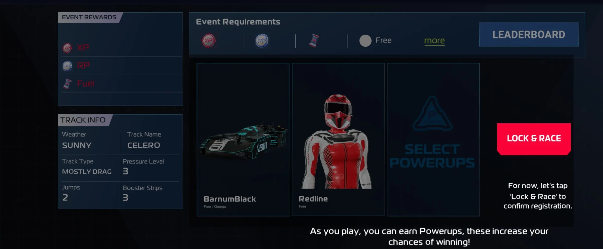 When you enter a race, you must select your car, racer, and any available powerups. This section also contains race track information and event rewards.