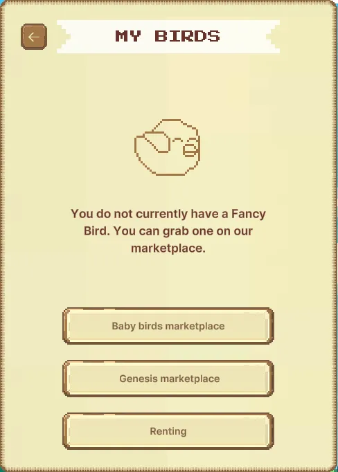 The 'My Birds' section in Fancy Birds displays a player's bird collection. If a player does not have any, they can purchase or rent birds from marketplaces.