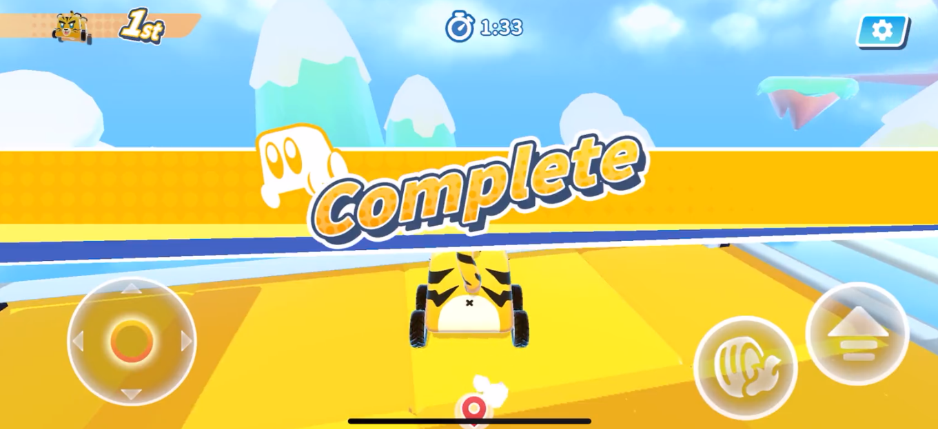 Once a player completes the track, the completion and results screen will appear. There is also a time limit on the race tracks, so players need to finish before the timer ends.