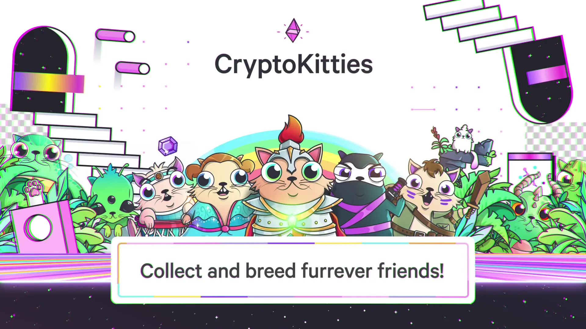 A vibrant poster from CryptoKitties showcases an array of adorable, unique kitties that players can purchase, collect, and breed within the game.
