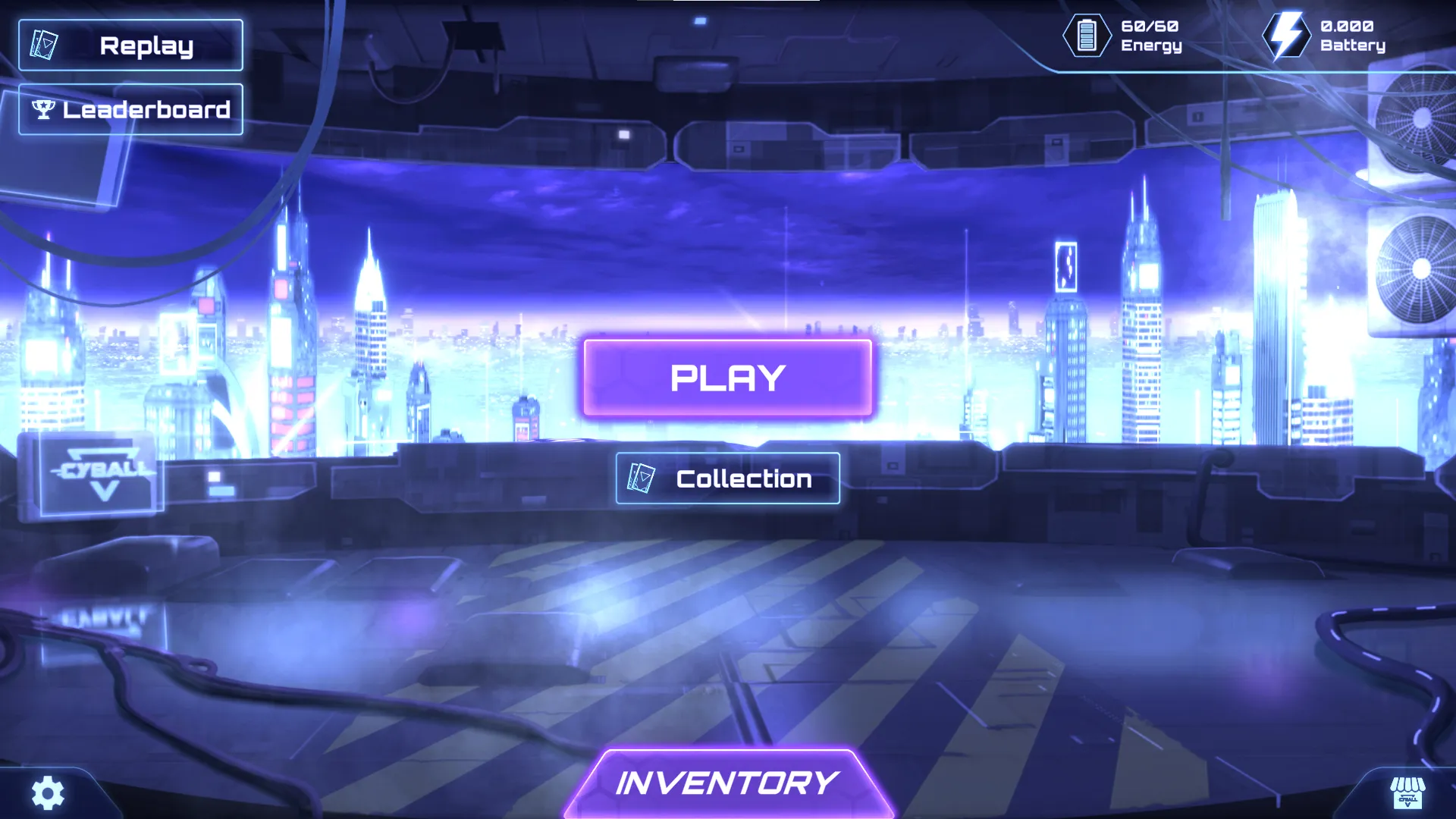 CyBall homescreen serves as the game lobby when the player logs in. It displays the buttons for players to explore and access various features.