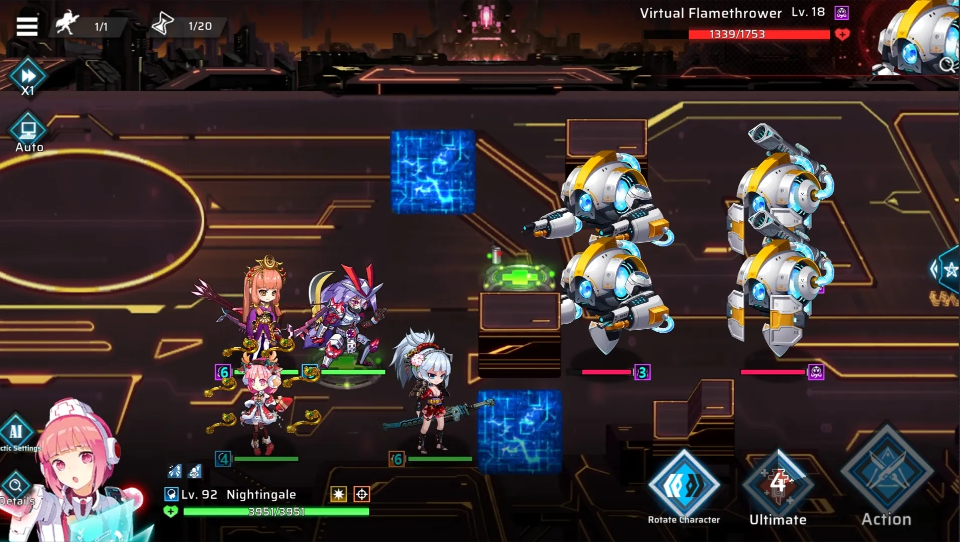 This picture shows the Battle Interface of WonderHero. Players form a team of heroes to fight against robots and mutated pests roaming in the wild.