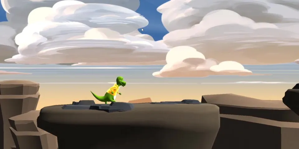 A screenshot from Dapper Dash gameplay in which the dino running through the mountain dungeon collecting tokens in order to get the high score