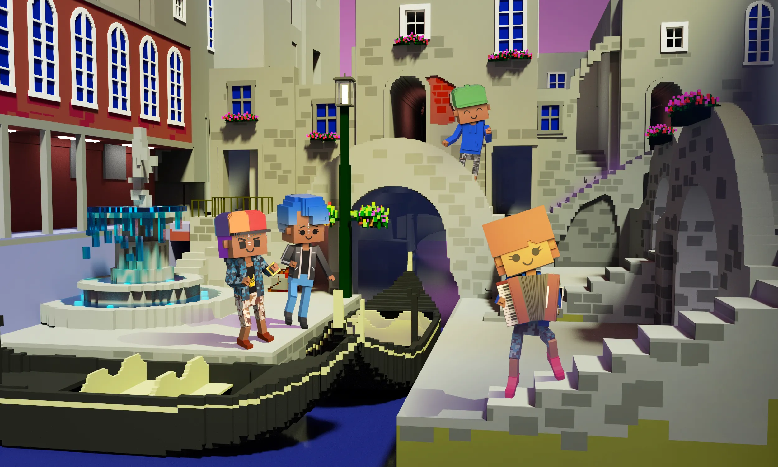 A Blockstars photo shows three people enjoying music near a canal in one of the cities in the game. One plays an instrument while the others jam along.