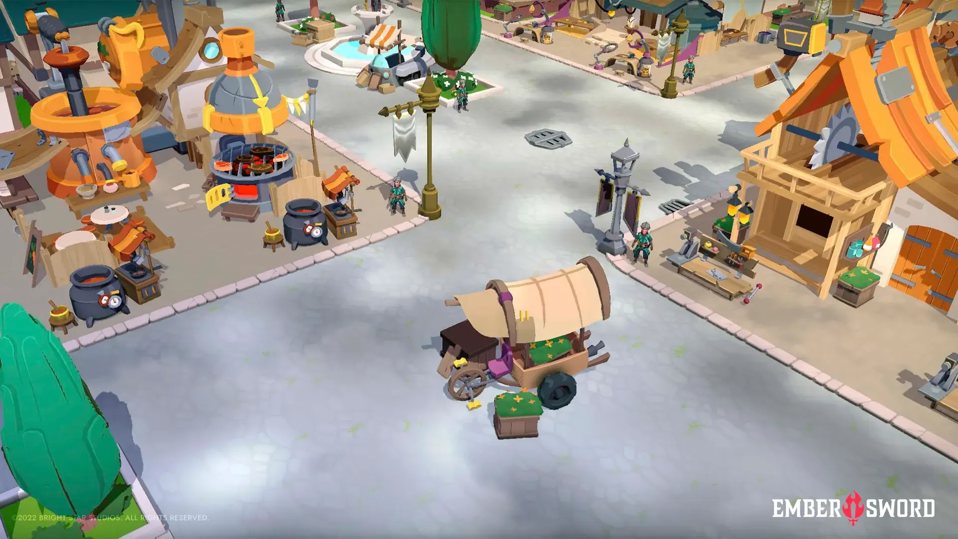 The image shows one of the towns in Ember Sword, an open-world MMORPG game where players can explore the world of Thanabus and prove their worth in battles.