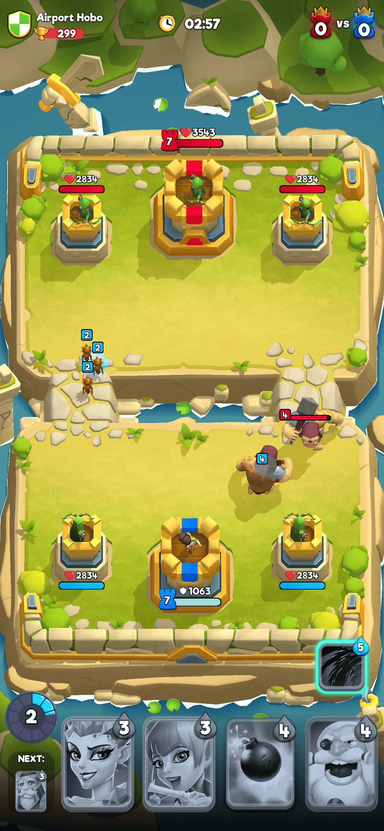 The image shows the gameplay of Age of Battles, where players must strategically deploy their battle deck of heroes to destroy their opponent's castle.