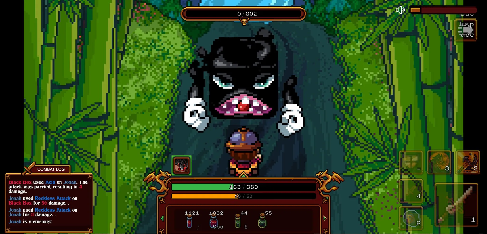 The Crypto Raiders screenshot depicts a character engaging in battle with Black Box, a monstrous dungeon boss who is fiercely determined to attack.