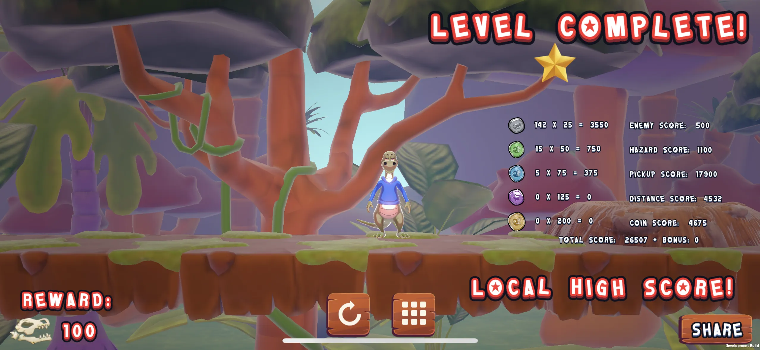 A screenshot of the result screen in Dapper Dash. You can see your total score, coins collected, star achievement and total rewards in this section. 