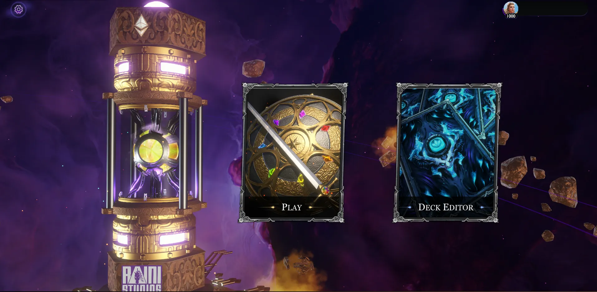 The Raini The Lords of Light homescreen serves as the lobby when opening the game, providing two options: playing the game or editing the deck before battling.