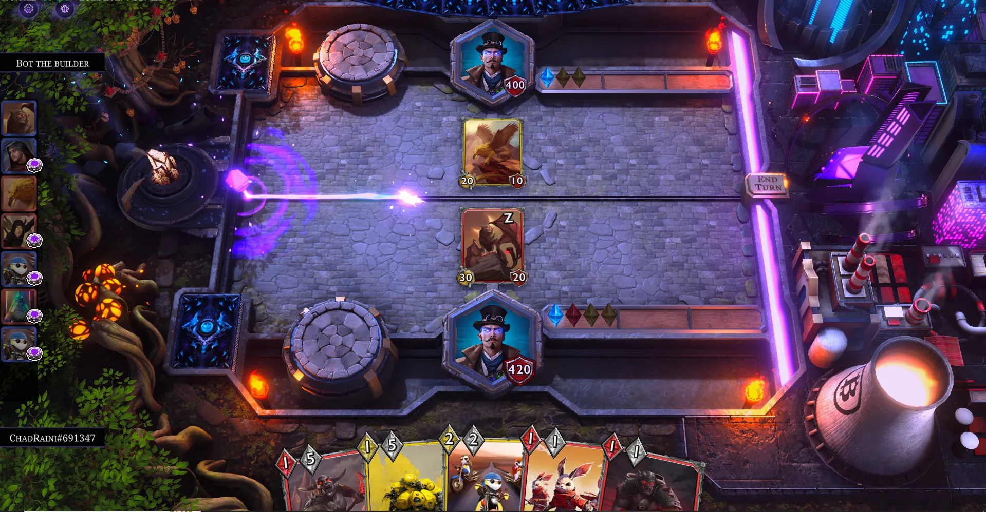 The Raini The Lords of Light game interface vividly displays two opponents fiercely engaged in a strategic card battle, each pursuing victory.
