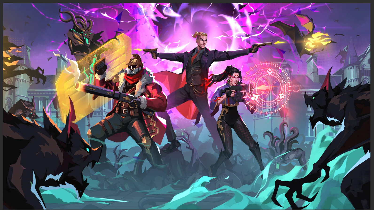 A Mythic Protocol poster showing the characters fighting enemies. Two characters using guns to eliminate monsters and another one using magic.