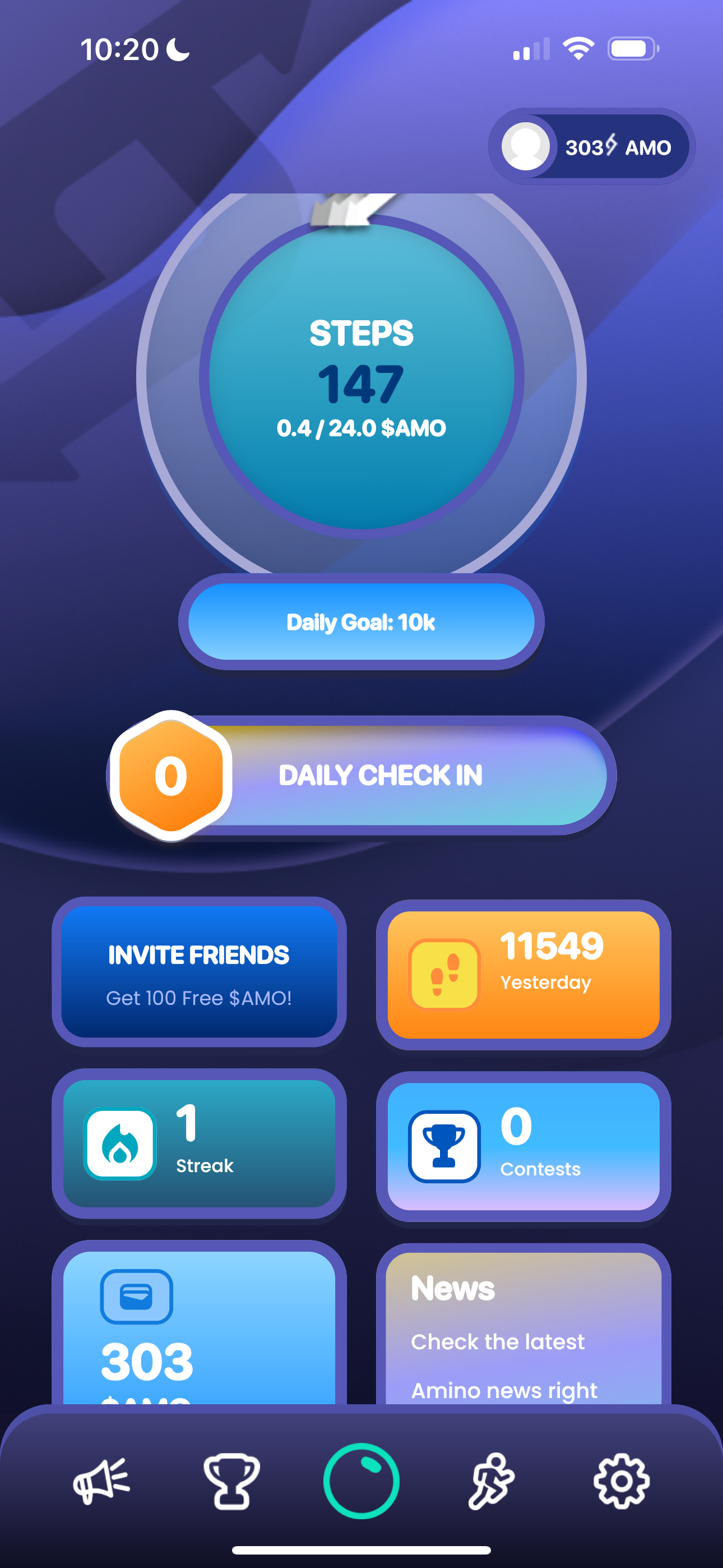 On the Amino Move home screen, users can see the number of steps they have taken toward their daily goal at the bottom. Additionally, they have the option to modify their daily goal and invite other players to join