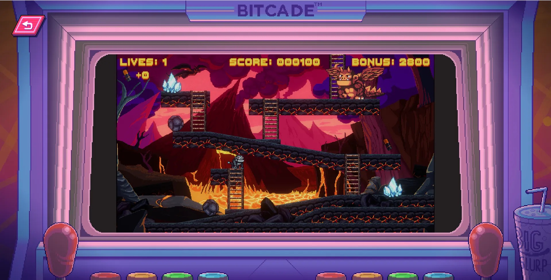 Bitmates Ogon's Wrath is a mini-game under the Bitmates umbrella where players must avoid obstacles such as rolling rocks and climb to the top using ladders.