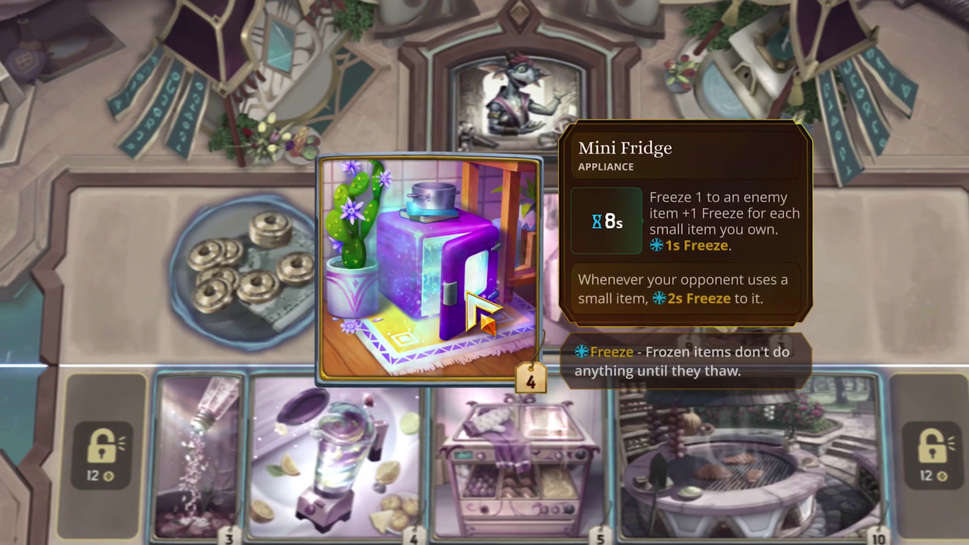 Mini Fridge is one of the cards available in the game. In this image, you can see what the card effect is and how long it lasts. Freeze is one of the status effects in the game.