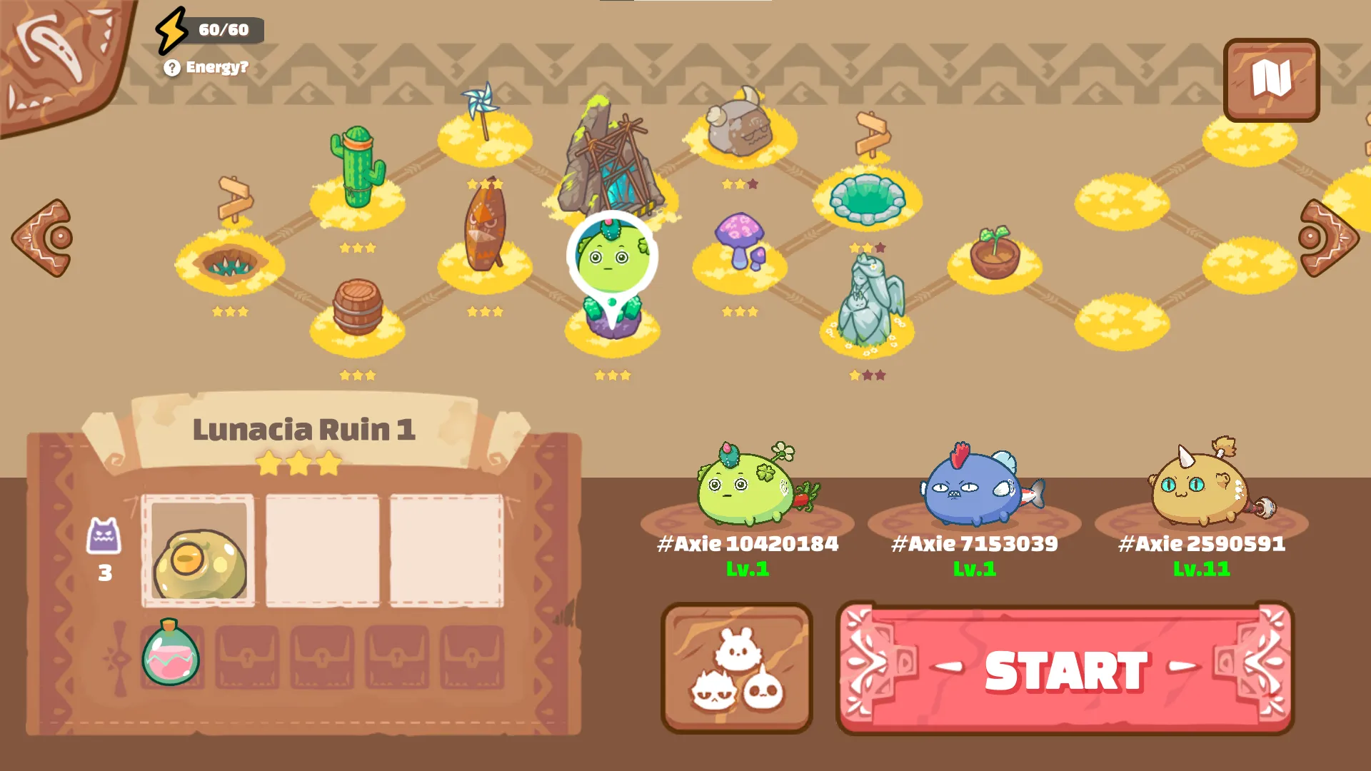 Axie Infinity Adventure map shows a player's progress in the mode. Players are granted stars based on how many Axies are still alive when they complete the game.