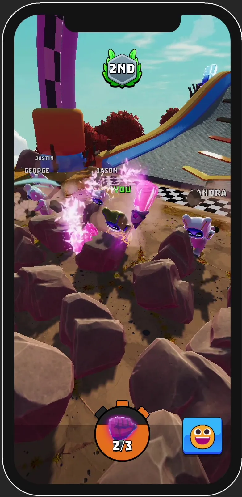 The heroes are smashing rocks to get through this terrain course in AFAR Rush. The player smashes it using he Crystal Fists. It contains 2 out of 3 charges