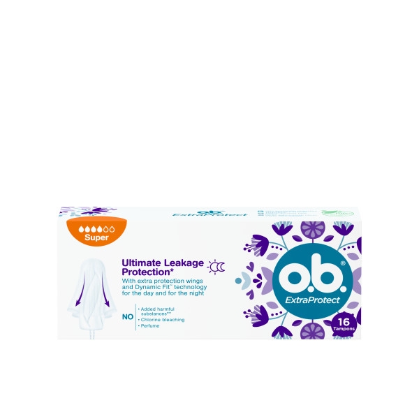 Vorderseite der Verpackung des o.b.® ExtraProtect Super Tampons mit 42 Stück