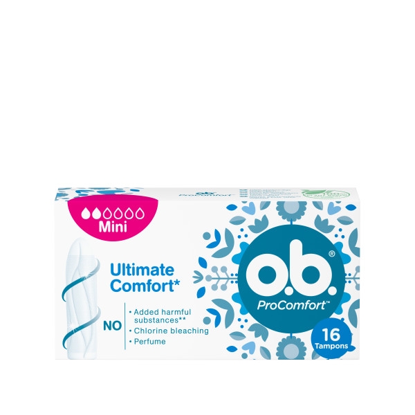 Vorderseite der Verpackung des o.b.® ProComfort Mini Tampons mit 64 Stück