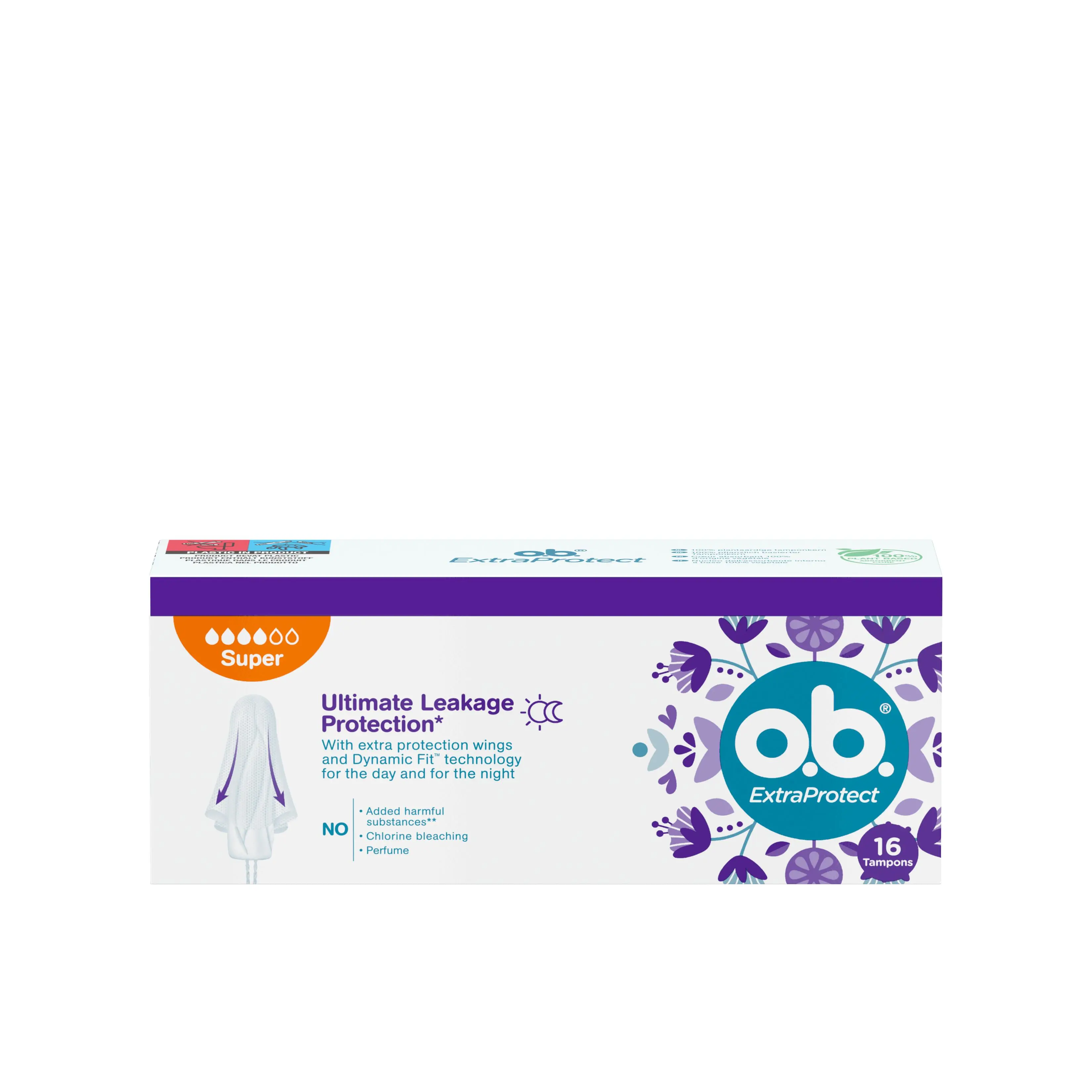 Vorderseite der Verpackung des o.b.® ExtraProtect Super Tampons mit 42 Stück