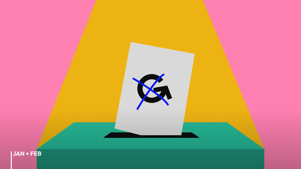 Ein angekreuzter Zettel mit einem Mein Grundeinkommen Logo wird in eine Wahlurne gesteckt.