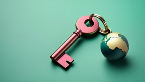 Ein roter Schlüssel mit grün-goldener Weltkugel als Schlüsselanhänger liegt auf einer grünen Fläche