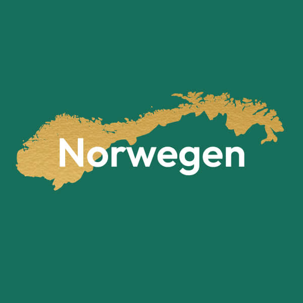 Umrisse von Norwegen in Gold mit weißer Aufschrift 