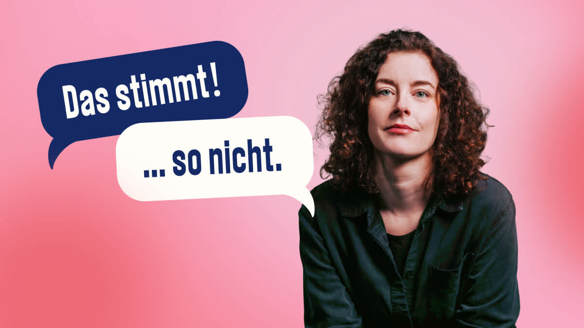 Mein Grundeinkommen Vorständin Kirsten vor pinkem Hintergrund mit "Das stimmt so nicht!" Schriftzug daneben.