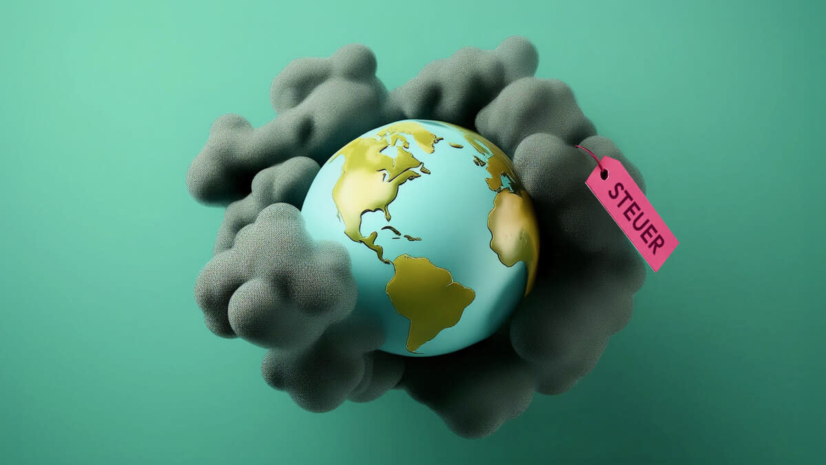Eine Weltkugel versinkt in einer dicken Wolke aus schmutziger Luft. An dieser befestigt ist ein rosafarbenes Preisschild mit dem Wort "Steuer" darauf.