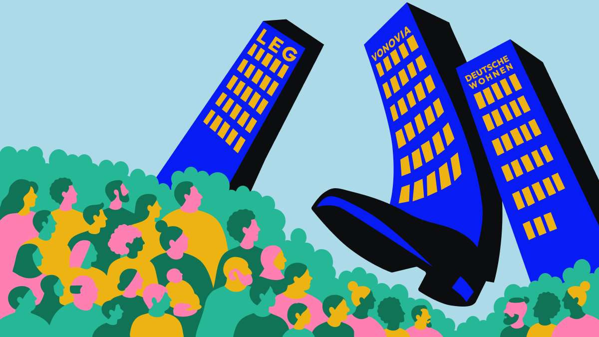 Die drei größten deutschen Wohnungsgesellschaften LEG, Vonovia und Deutsche Wohnen sind hier als Wolkenkratzer-Stiefel-Mischwesen dargestellt, die bedrohlich auf eine Menschenmenge zutrampeln.