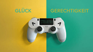 Das Joy-Pad einer Spielkonsole vor gelb-grünem Hintergrund. Auf der linken Seite steuert man dem Schriftzug zufolge in Richtung Glück, nach rechts geht's gen Gerechtigkeit.